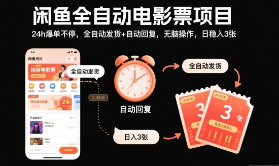 闲鱼全自动电影票项目,24h爆单不停,全自动发货+自动回复,无脑操作,日稳入3张【揭秘】-轻创联盟