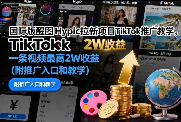 国际版醒图Hypic拉新项目TikTok推广教学，一条视频最高2W收益(附推广入口和教学)-轻创联盟