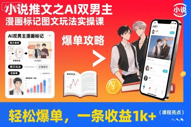 小说推文之AI双男主漫画标记图文玩法实操课，轻松爆单，一条收益1k+-轻创联盟