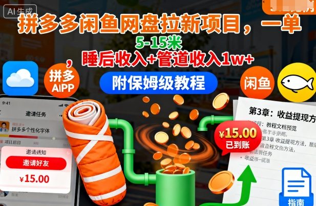 拼多多闲鱼网盘拉新项目，一单5-15米，睡后收入+管道收入1w+(附保姆级教程)-轻创联盟