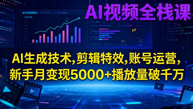 AI视频全栈课:AI生成技术,剪辑特效,账号运营,新手月变现5000+播放量破千万-轻创联盟