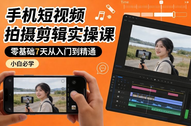 手机短视频拍摄剪辑实操课，零基础7天从入门到精通，小白必学-轻创联盟