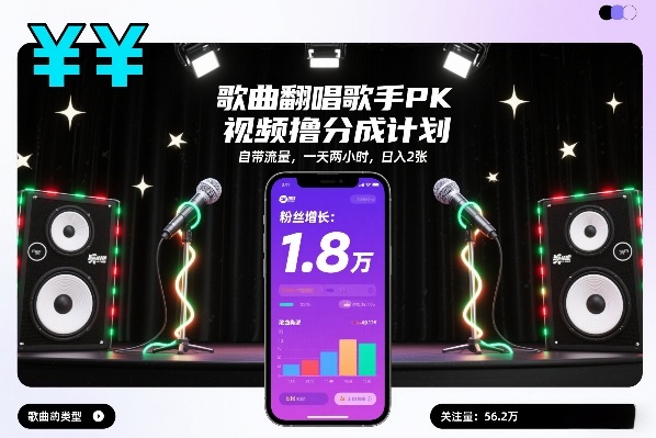 歌曲翻唱歌手PK视频撸分成计划，自带流量，一天两小时，日入2张-轻创联盟