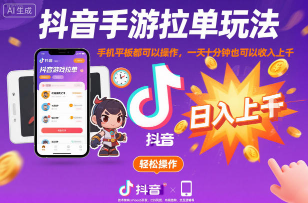 抖音手游拉单玩法，手机平板都可以操作，一天十分钟也可以收入上K【揭秘】-轻创联盟