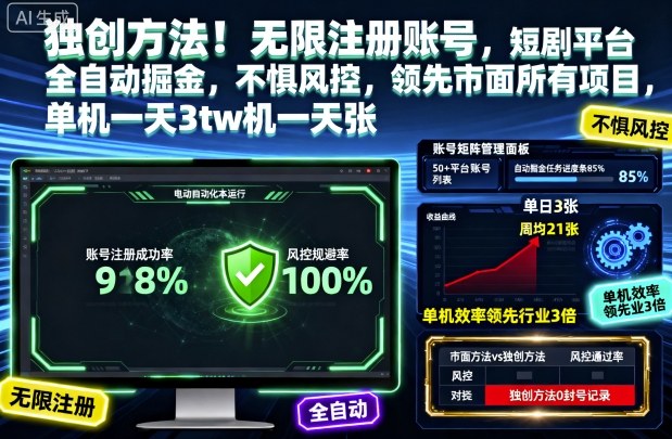独创方法！无限注册账号，短剧平台全自动掘金，不惧风控，领先市面所有项目，单机一天3张【揭秘】-轻创联盟
