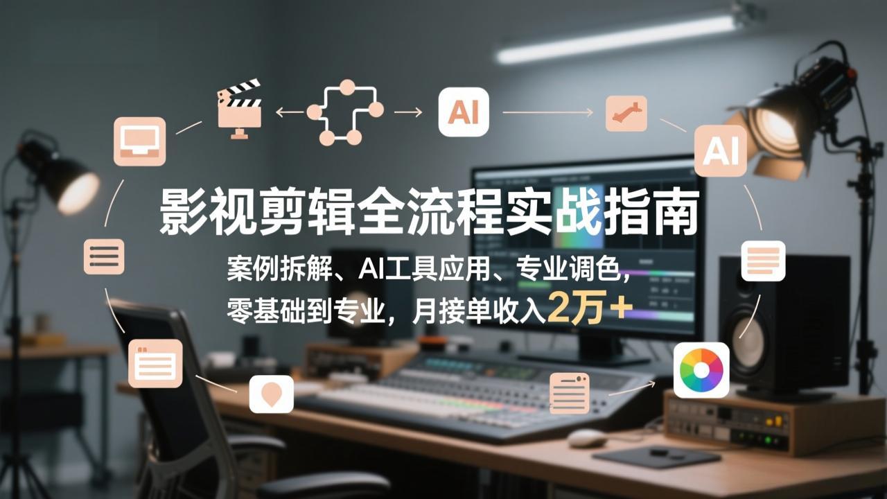 影视剪辑全流程实战指南，案例拆解、AI工具应用、专业调色，零基础到专业，月接单收入2万+-轻创联盟