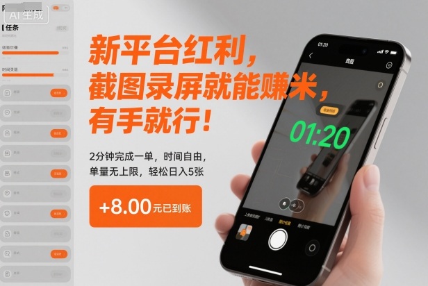 新平台红利，截图录屏就能賺米，有手就行！2分钟完成一单，时间自由，单量无上限，轻松日入5张【揭秘】-轻创联盟