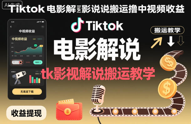 Tiktok电影解说搬运撸中视频收益，tk影视解说搬运教学-轻创联盟