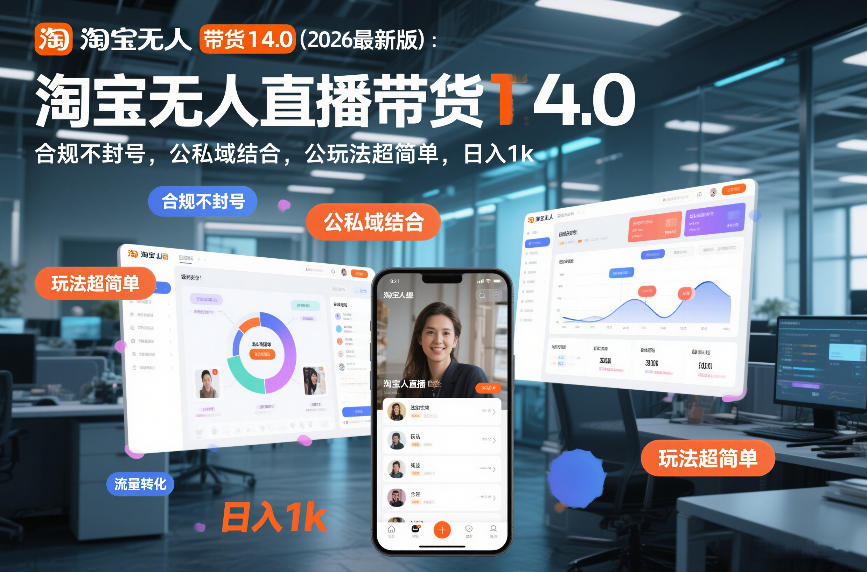 淘宝无人直播带货14.0(2026最新版)：合规不封号，公私域结合，玩法超简单，日入1k+【揭秘】-轻创联盟