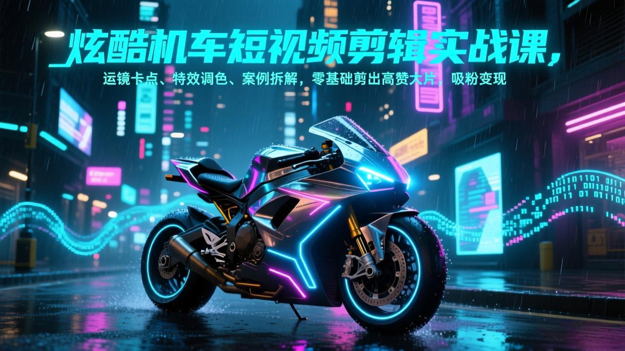 炫酷机车短视频剪辑实战课，运镜卡点、特效调色、案例拆解，零基础剪出高赞大片，吸粉变现-轻创联盟