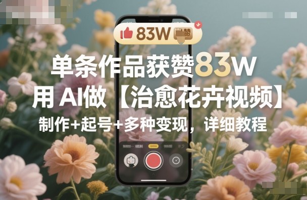 单条作品获赞83W，用AI做【治愈花卉视频】，制作+起号+多种变现，详细教程-轻创联盟