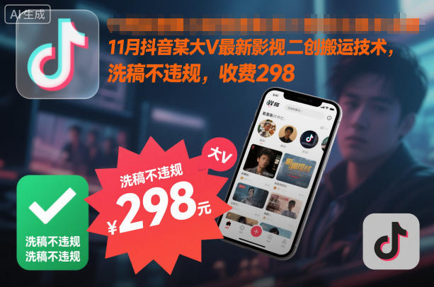 11月抖音某大V最新影视二创搬运技术，洗稿不违规，收费298-轻创联盟