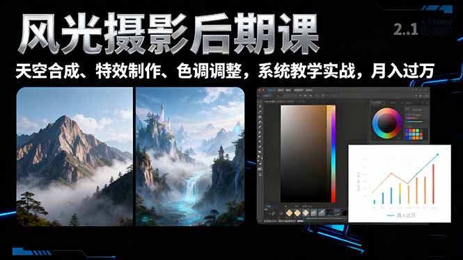 风光摄影后期课，一键换天空合成、特效制作、色调调整，月入过万-轻创联盟