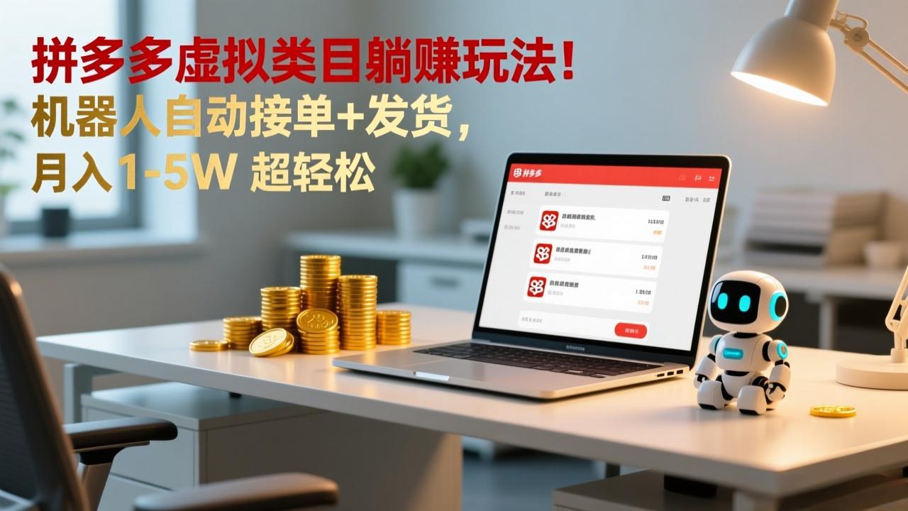 多多虚拟类目躺赚玩法！机器人自动接单+发货，月入 1-5W 超轻松-轻创联盟