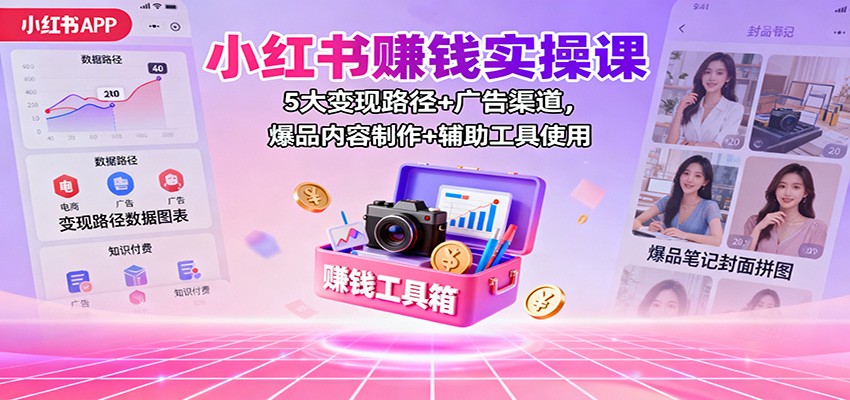 小红书赚钱实操课：5大变现路径+广告渠道，爆品内容制作+辅助工具使用-轻创联盟