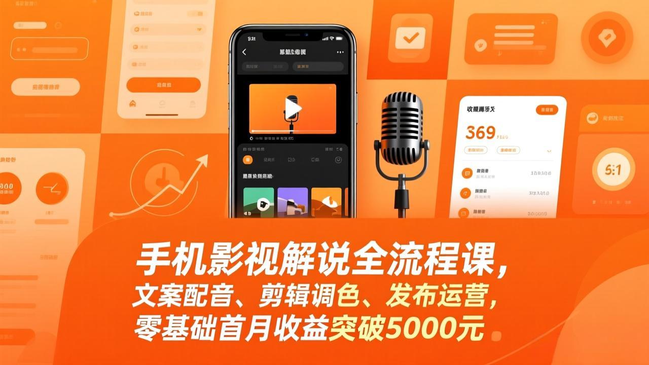 手机影视解说全流程课，文案配音、剪辑调色、发布运营，零基础首月收益突破5000元-轻创联盟
