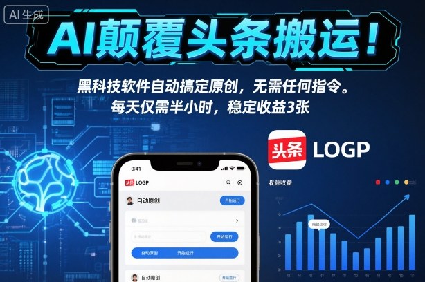 AI颠覆头条搬运！黑科技软件自动搞定原创，无需任何指令。每天仅需半小时，稳定收益3张【揭秘】-轻创联盟