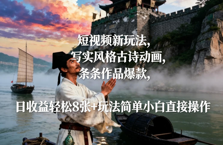 短视频新玩法，写实风格古诗动画，条条作品爆款，日收益轻松8张+玩法简单小白直接操作-轻创联盟