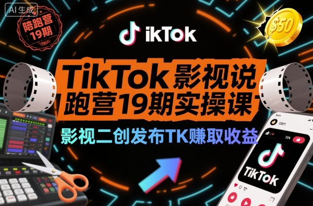 TikTok影视解说陪跑营19期实操课,影视二创发布TK賺取收益,万播收益50美金-轻创联盟