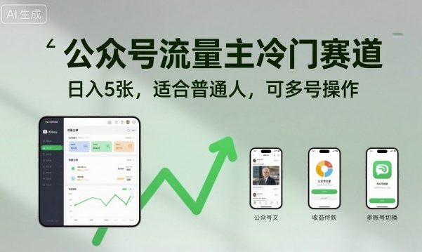 公众号流量主冷门赛道，日入5张，适合普通人，可多号操作-轻创联盟