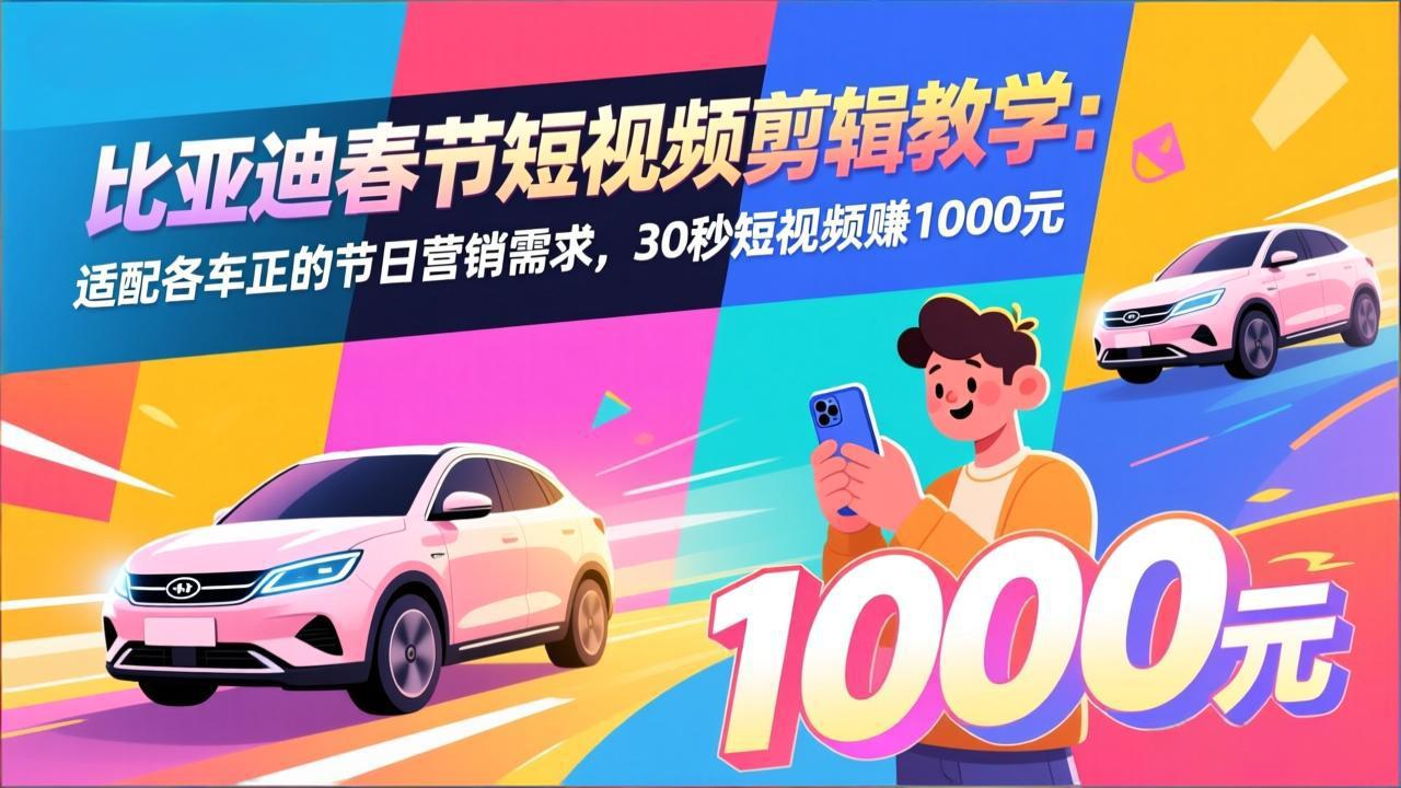 比亚迪春节短视频剪辑教学：适配各车企的节日营销需求，30秒短视频赚1000元-轻创联盟