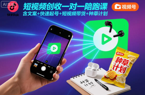 短视频创收一对一陪跑课，含文案+快速起号+短视频带货+种草计划-轻创联盟