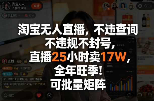 淘宝无人直播，不违规不封号，直播25小时卖17W，全年旺季！可批量矩阵【揭秘】-轻创联盟
