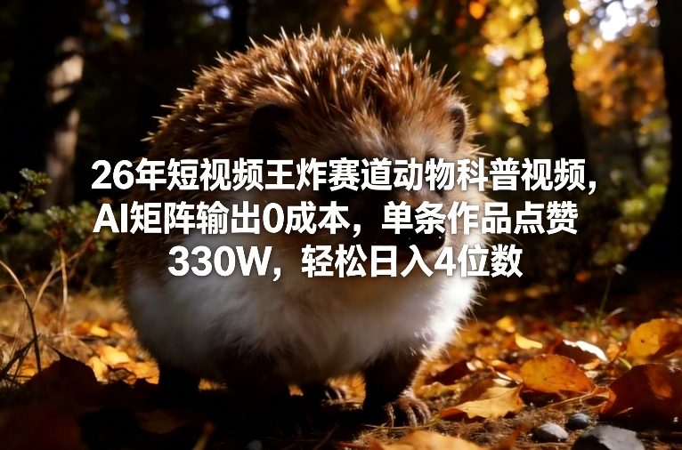 26年短视频王炸赛道动物科普视频，AI矩阵输出0成本，单条作品点赞330W，轻松日入4位数-轻创联盟