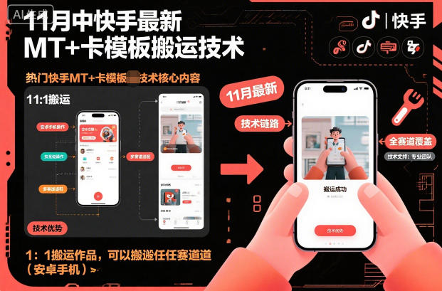 11月中快手最新MT+卡模板搬运技术，1：1搬运作品，可以搬运任何赛道(安卓手机)-轻创联盟