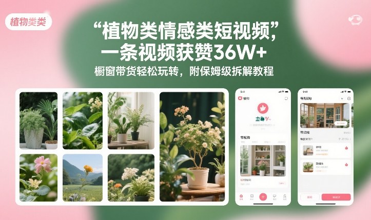 植物类情感类短视频，一条视频获赞36W+，橱窗带货轻松玩转，附保姆级拆解教程-轻创联盟