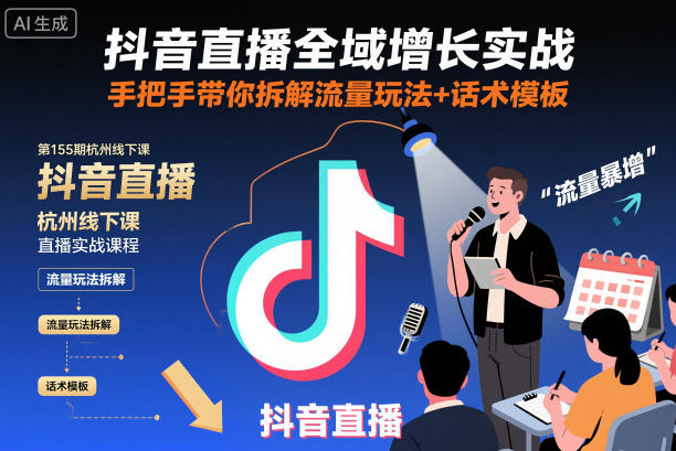 抖音直播全域增长实战第155期杭州线下课，手把手带你拆解流量玩法+话术模板-轻创联盟